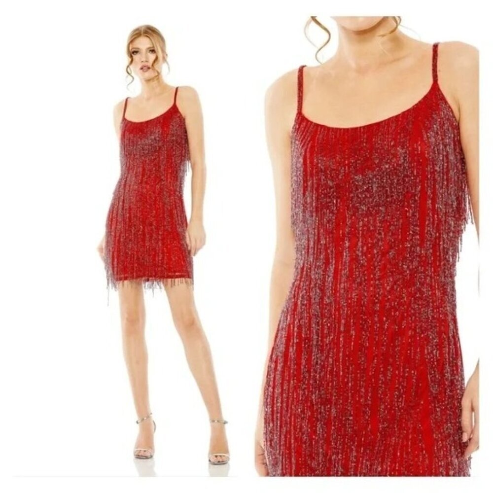 NEW Mac Duggal 5935 Red Beaded Fringe Mini Cocktail Dress Scoop Neck Size 6